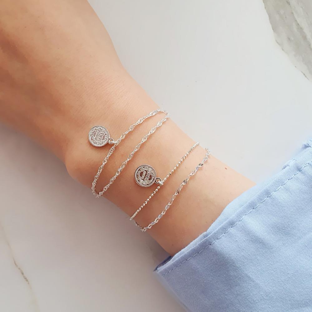 Silk fabric women's daily premium minimal silver coin pendant bracelet
