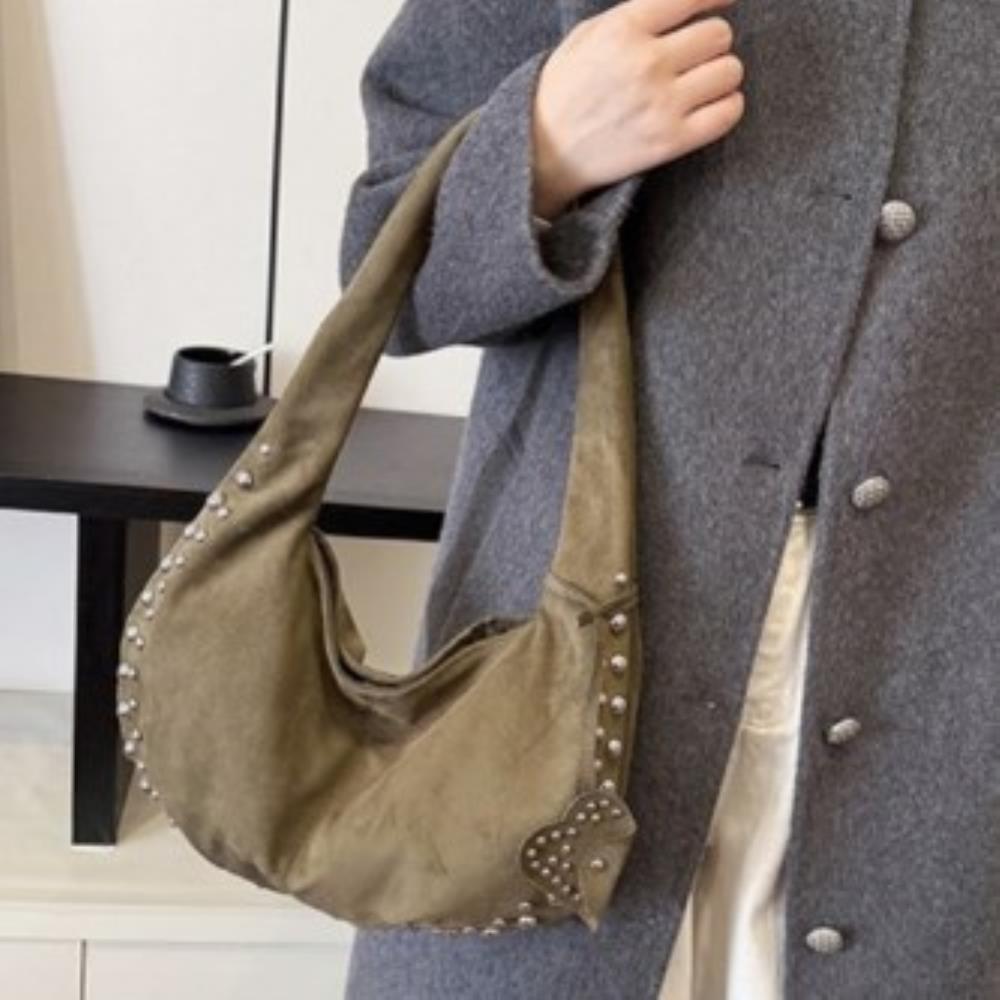 Women's suede retro stud decorated modern daily hobo shoulder bag