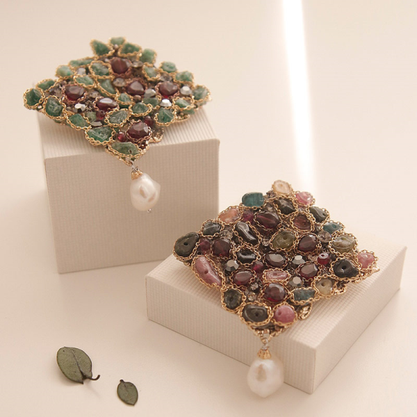 Jay Loren Bivedge Tourmarine Natural Stone Pearl Brooch Bb0326