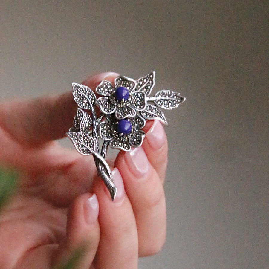 Jaye Loren Bvdazy Lapis Flower Silver Brooch Bb0470