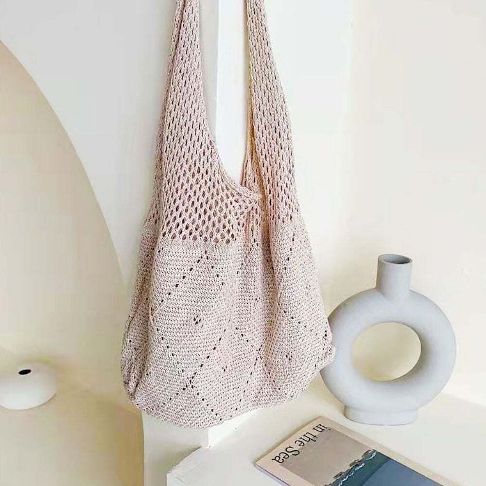HSLife Eco Bag Canvas Bag Cloth Bag Simple Mesh Bag Beach Knit Seam Shoulder Bag