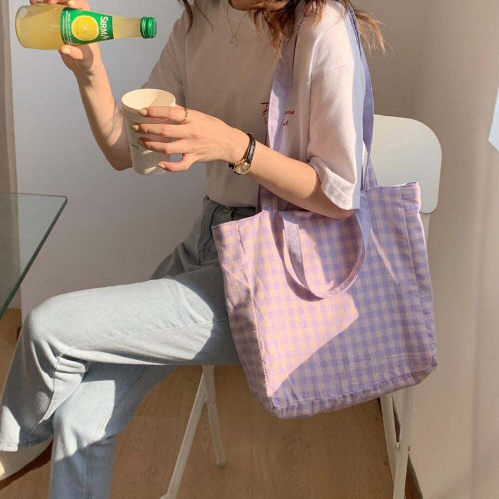 HSLife Eco Bag Canvas Bag Cotton Bag Pastel Tone Check Double Shoulder Bag