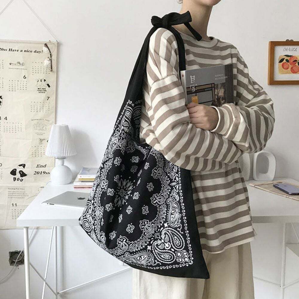 HSLife Eco Bag Canvas Bag Pattern Point Faux Leather Shoulder Strap Adjustable Tote Bag