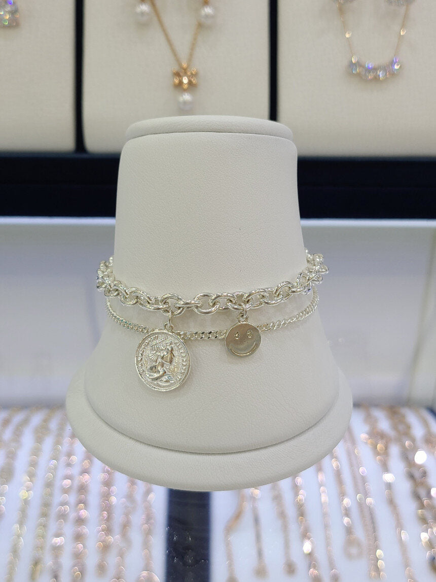 Pichichi silver/925 sterling silver coin dangling bangle bold chain double row 12SSHSB-1182-17