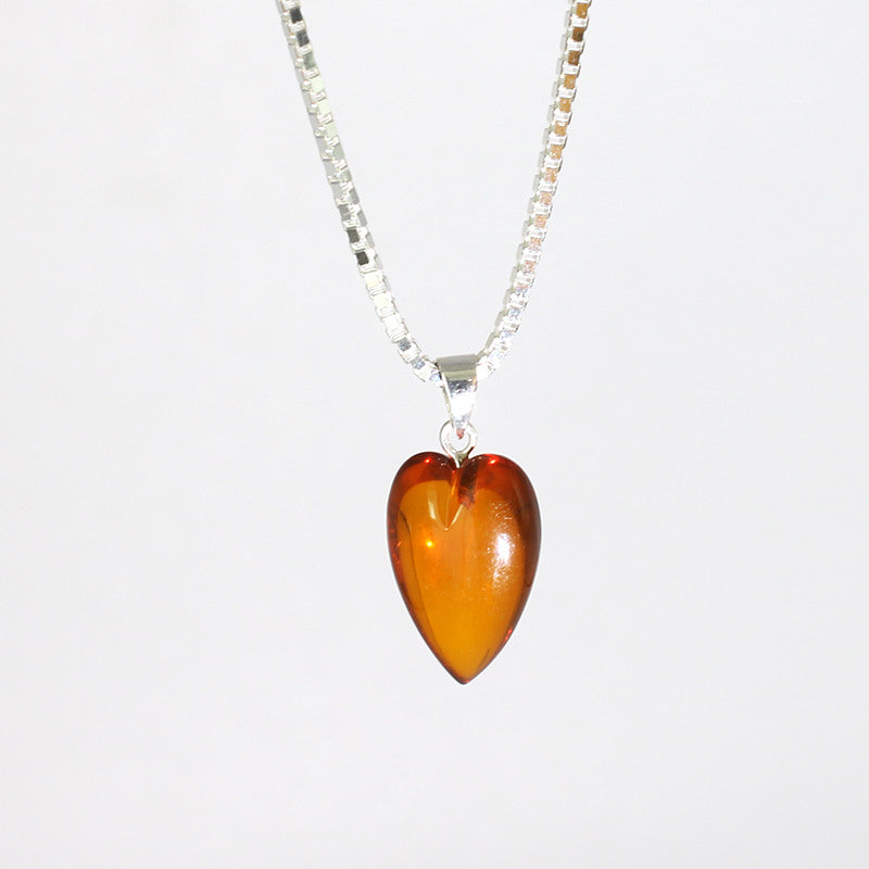 HealingGem Amber Pumpkin Heart Pendant 925 Silver Natural Stone Women's Daily Jewelry