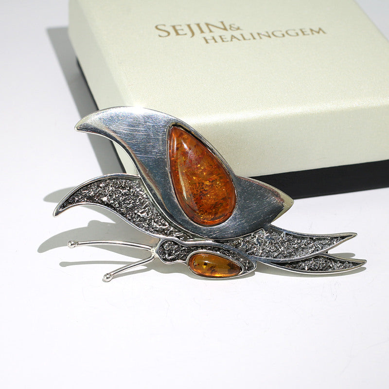 HealingGem emotional butterfly brooch pumpkin amber raw stone sterling925 unique point gift recommen