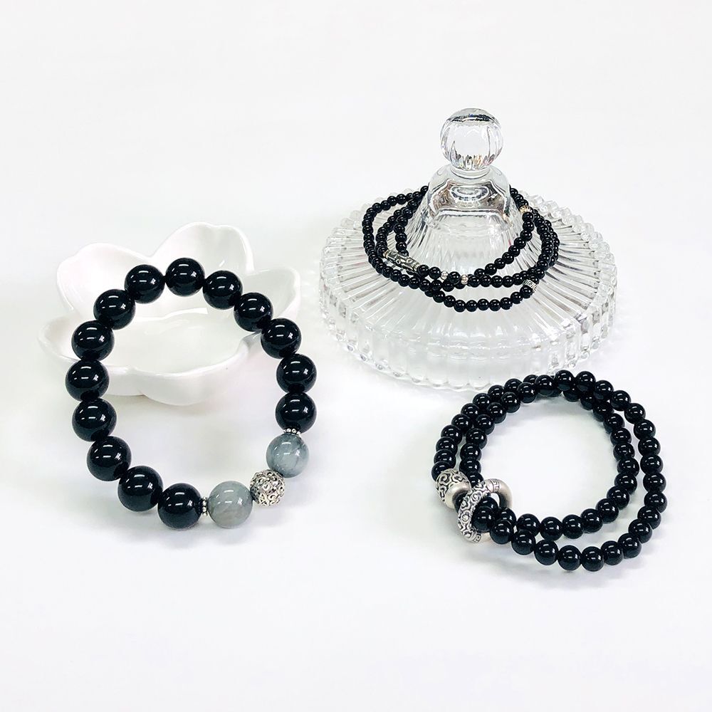 OwnerClan Best-Selling Obsidian Black Agate Silver Lucky Bracelet 3 Choices Unisex Gemstone Bracelet