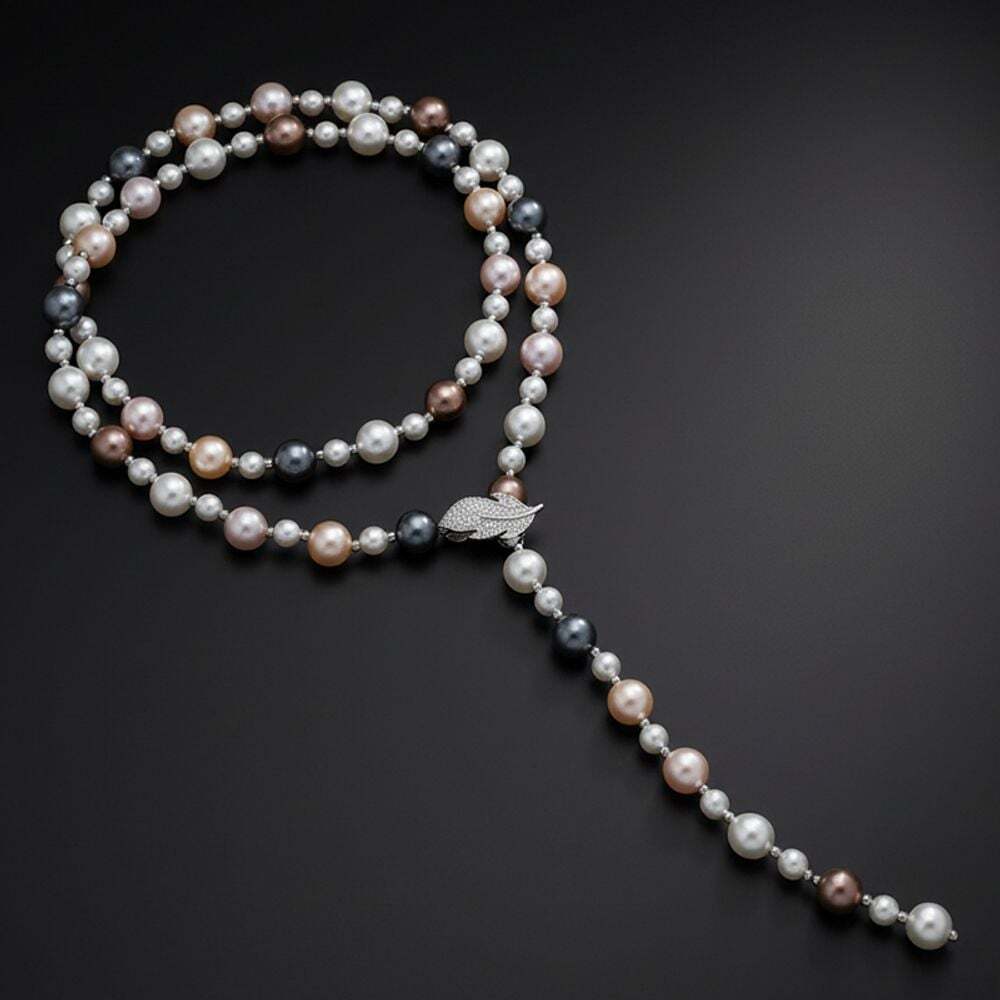 OwnerClan popular item long necklace shell pearl pink tricolor black pearl leaf long clip silver [WF