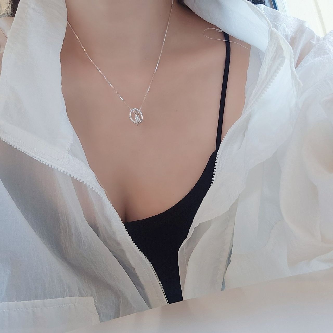 Ownerclan popular product SS1060 women 3-ring necklace ring pendant casual box chain unique silver 9