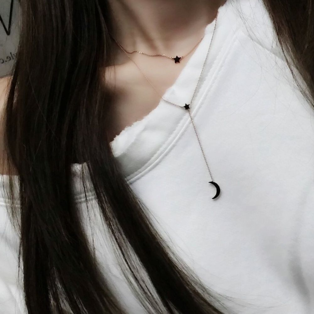 Ownerclan Popular Product SN1017 Women Black Stone Point Star Moon Design Daily Necklace Silver (925