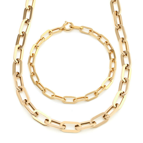 14K Simple Bold Glossy Clip Chain Jewelry Set (Necklace+Bracelet) JNS29772