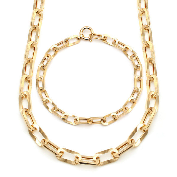 14K Simple Bold Diagonal Cuts Clipped Chain Jewelry Set (Necklace+Bracelet) JNS29773