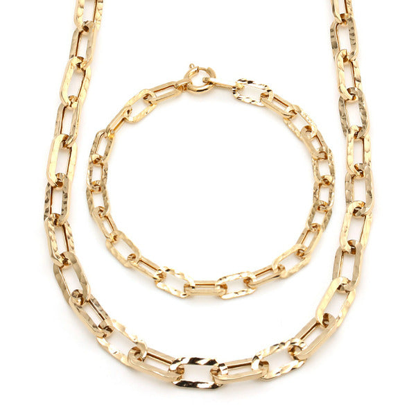 VNBGold 14K Simple Bold Handcutting Clip Chain Jewelry Set (Necklace+Bracelet) JNS29776