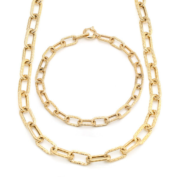 14K Simple Bold Zigzag Cut Clipped Chain Jewelry Set (Necklace+Bracelet) JNS29777