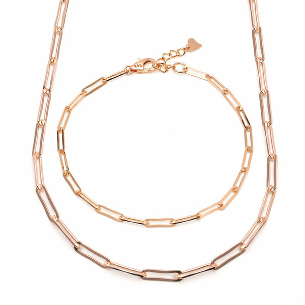 AirbnbGold 14K Simple Layered 1mm Clip Chain Jewelry Set (Necklace+Bracelet) IRS29836