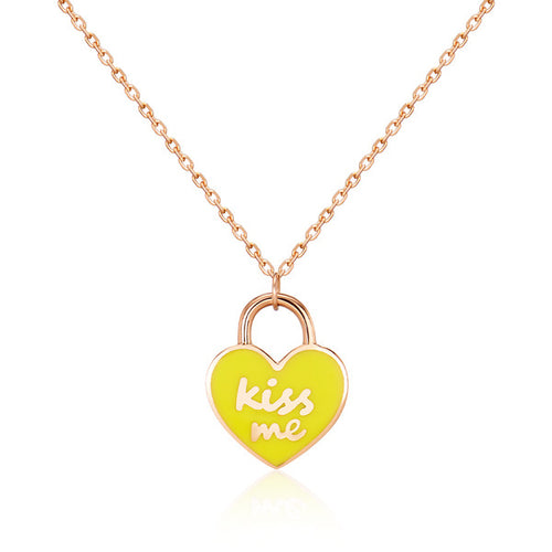 AirbnbGold 14K KissMe Yellow Enamel Heart Lock Chain Necklace MNN40226