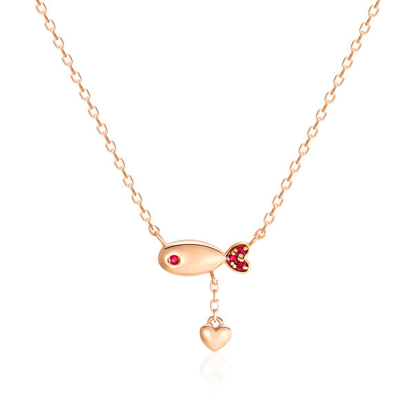 B&B Gold 18K Ruby Heart Dangling Fish Necklace SNN40602