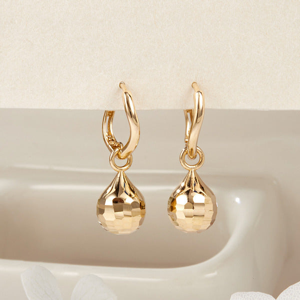 B&B Gold 18K Water Drop Cut Octagonal Ball One Touch Earrings Pair PNE42103