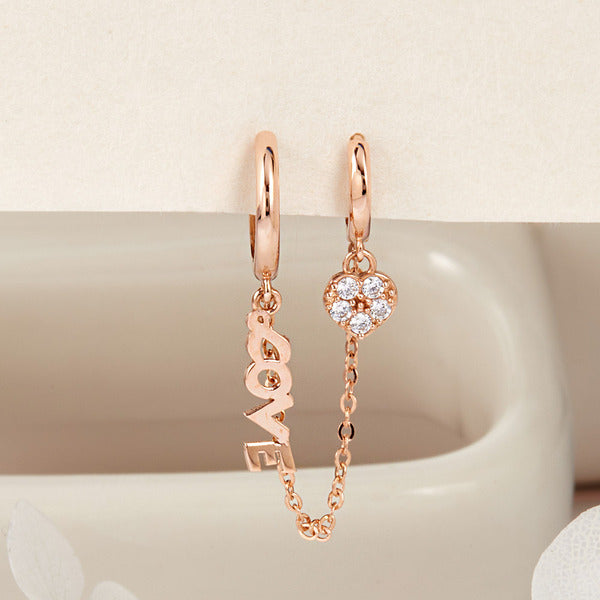 B&B Gold 18K Love Cubic Heart Two Ring Chain Connecting One Touch Earrings Single Piece PNE42099