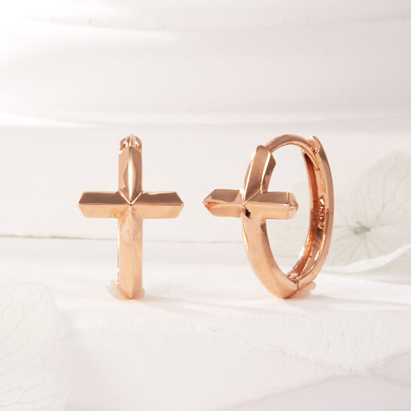 B&B Gold 18K Sculptural Cross Cross One Touch Earrings Pair PNE42041