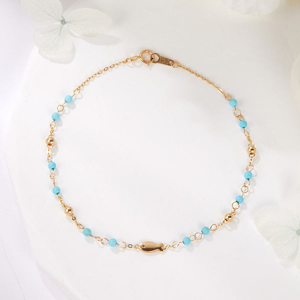 14K gold cuff bracelet with fish and turquoise stone.cuttlebone chain PNB42104