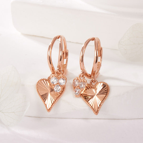 B&B Gold 14K Twin Cubic Cut Heart One-Touch Earrings Pair PNE42049
