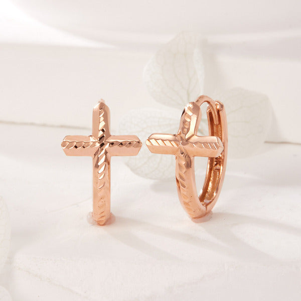 B&B Gold 14K 3D Cut Cross Cross One-Touch Earrings Pair PNE42042