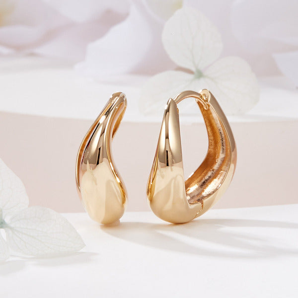 B&B Gold 14K Volume Drop Curve One Touch Earrings Pair PNE42209