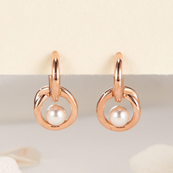 B&B Gold 18K Simulated Pearl Curve Chain One-Touch Earrings Pair PNE42353