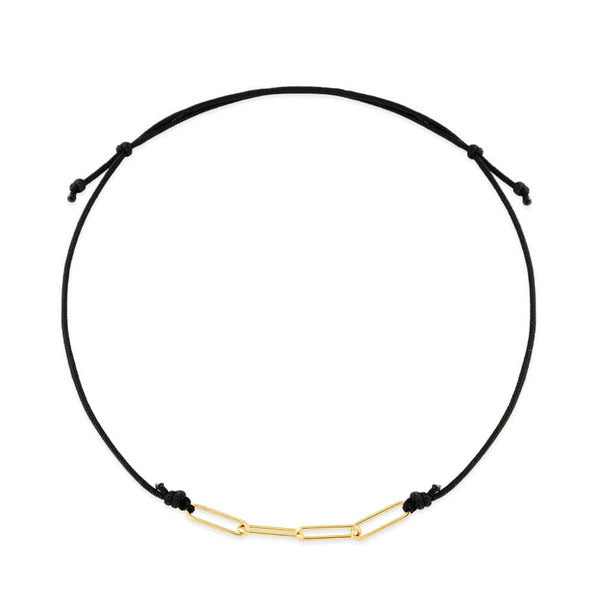 Black Leather Bracelet with 14K Gold Clip Chain and Draw Silk String MOB41735