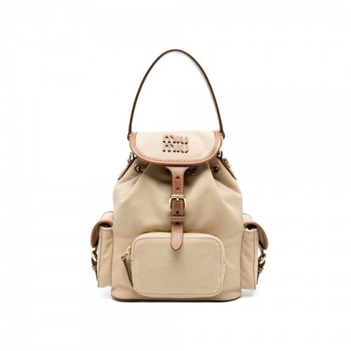Miumiu 26SS Multi Pocket Canvas Leather Backpack Beige 5BZ043 2IBQ F0DAB631201