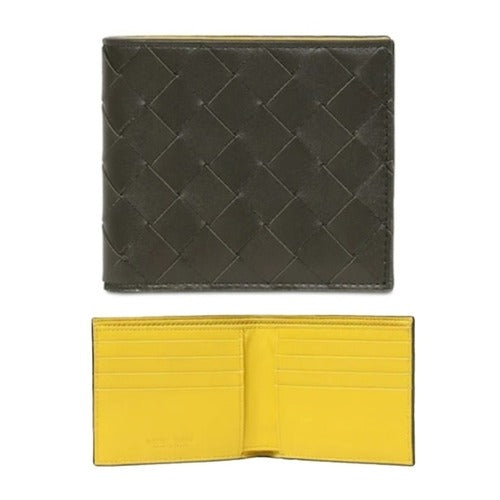 Bottega Veneta Intrecciato Yellow and Khaki Leather Fold Wallet