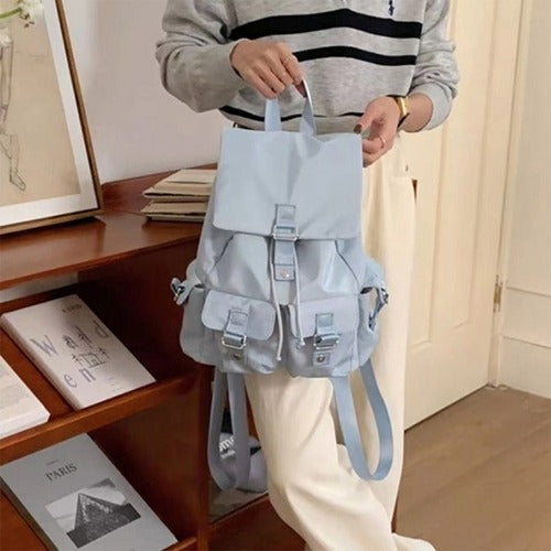 Pastel buckle multi-pocket backpack for female university student