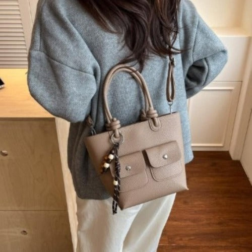 Pleated Women's Mini Square Leather Front Pocket Beads Keyring Tote Shoulder Crossbody Bag 636661