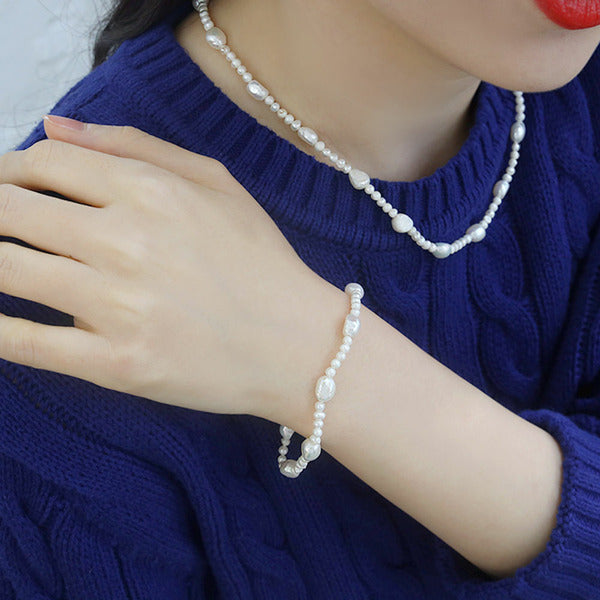 MaryGreen 925 sterling flat rice pearl set (necklace+bracelet)