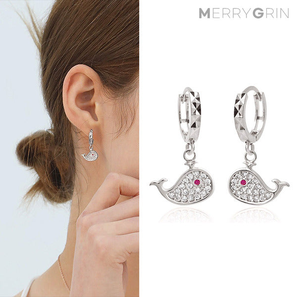 MaryGreen 925 Silver Ruby Whale Earrings