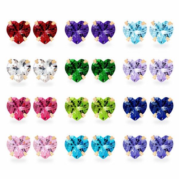 Merigreen 14K Gold Birthstone Color Heart Earrings 12 Styles Choose 1