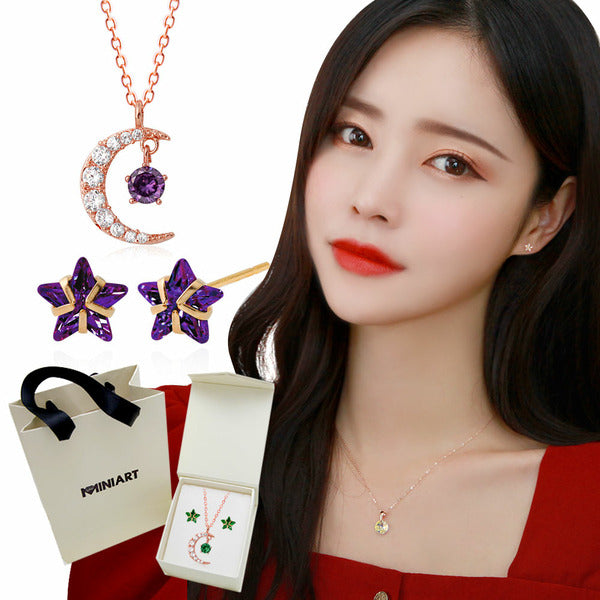 MaryGreen birthstone color necklace+earrings(14K) lunar cubic 2-piece set