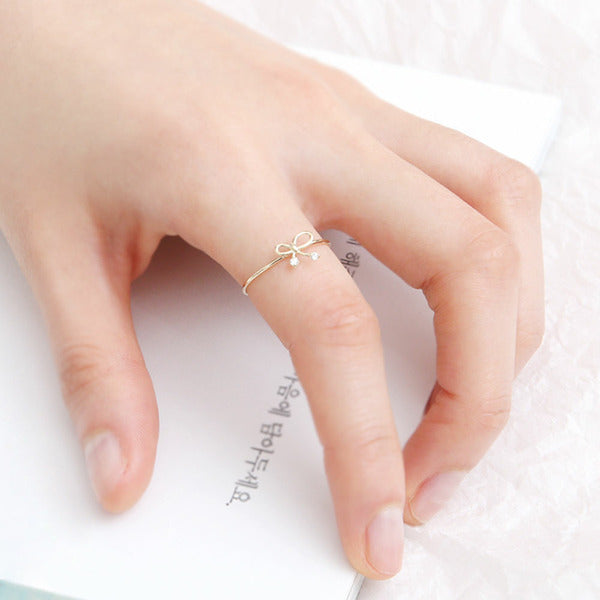Miniature 14K Rachel Layered Ribbon Cubic Friendship Ring Solid Gold G810 [Size 8 14]