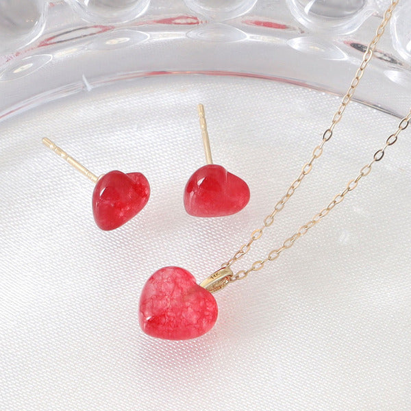Miniature 14K GOLDジュエリーセット Pure Heart Earrings+Necklace 45cm Gift Recommendation