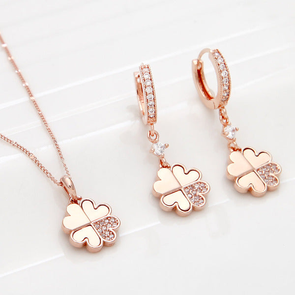 Miniature 14K Gold Fashion Daily Four-Leaf Clover Cubic Jewelry Set Earrings + Necklace 45cm Gift Re