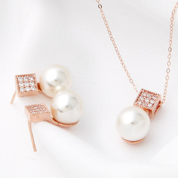 Miniature 14K GOLD fashion daily pearl cubic jewelry set earrings + necklace 45cm gift recommendatio