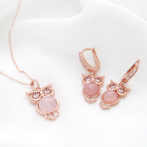 Miniature 14K GOLD fashion daily stone owl cubic jewelry set earrings + necklace 45cm gift recommend
