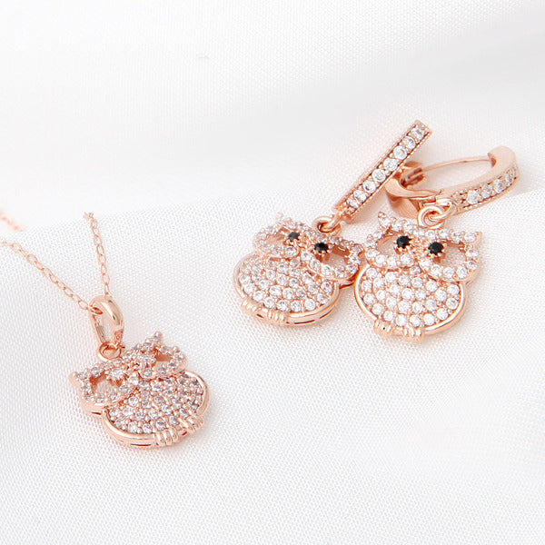 Miniature 14K GOLD fashion daily owl cubic jewelry set earrings + necklace 45cm gift recommendation