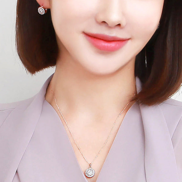Miniature 14K Gold Fashion Daily Flower Points Cubic Jewelry Set Earrings + Necklace 42cm Gift Recom
