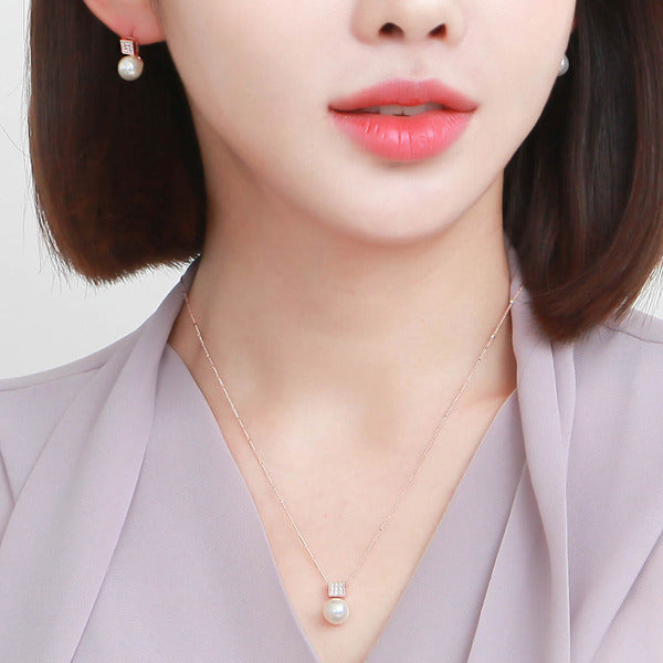 Miniature 14K GOLD fashion daily pearl cubic jewelry set earrings + necklace 42cm gift recommendatio