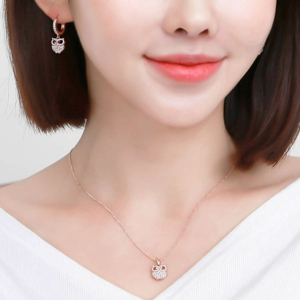 Miniature 14K Gold Fashion Daily Owl Cubic Jewelry Set Earrings + Necklace 42cm Gift Recommendation