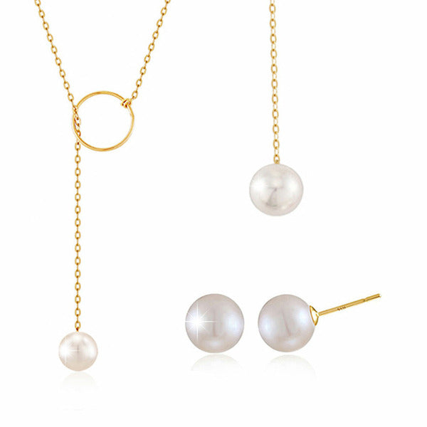 Nijizujewelry 1+1 14K GOLD with Pearls Long Necklace + 6mm Earrings Set