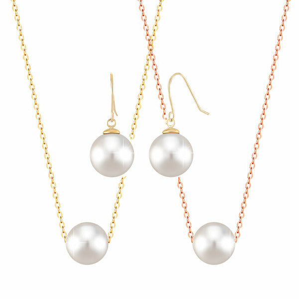 Nijiezhuji 1+1 14K GOLD LUXURY SWISS PEARL NECKLACE + DIAMOND EARRINGS SET