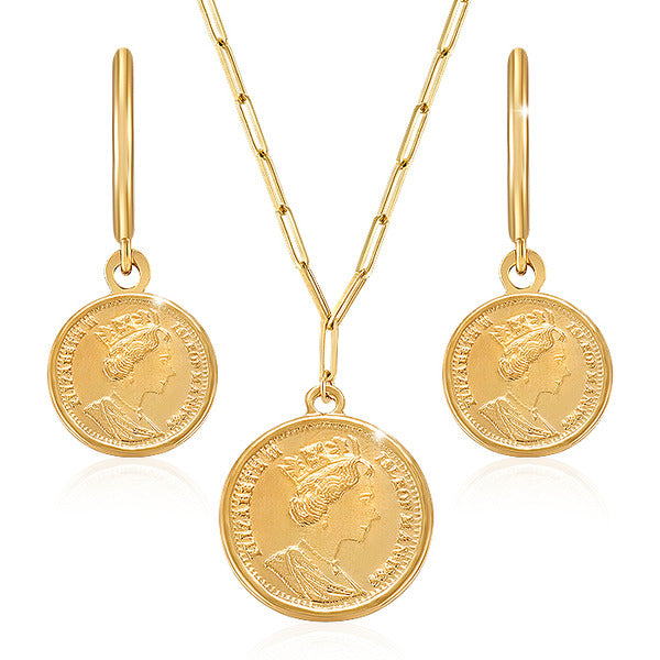 Nijizjuli 14K GOLD Elizabeth Coin Earrings + Necklace Set